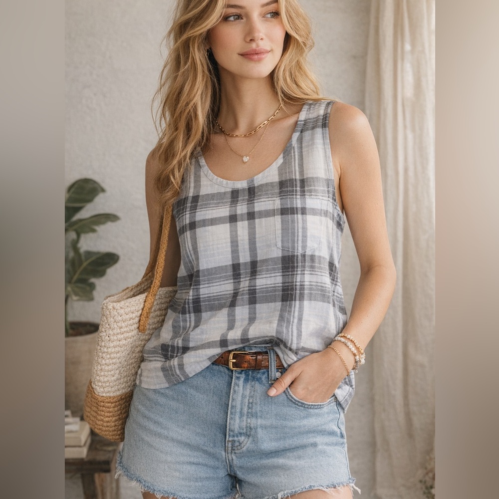 Anthropologie Cloth & Stone Plaid Tank Gray Blue Sleeveless M